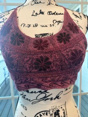 Embroidered Floral HALTER Tank Top - BURGUNDY SIZE SMALL/ MEDIUM.